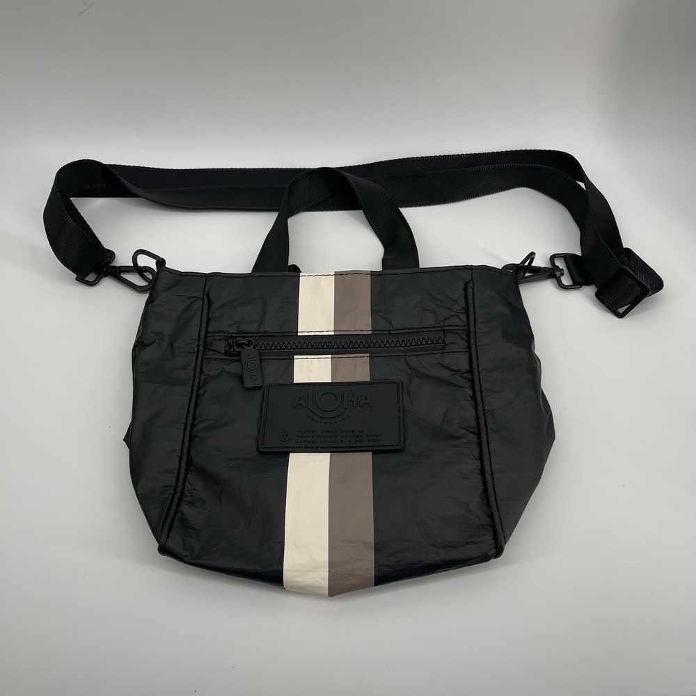 ALOHA Collection Black Mini Crossbody with Cream and Brown Center Stripe